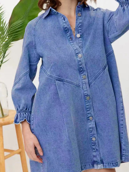 Ruffled Cuff Button-Down Denim Dress Dusty Blue