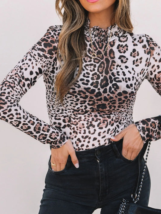 Leopard Print Long Sleeve Mock Neck Bodysuit