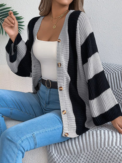 Color Block Button-Up Cardigan Grey