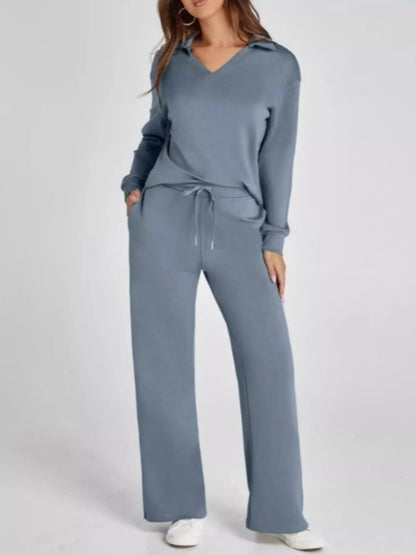 Full Size Johnny Collar Long Sleeve Top and Pants Plus Size Gray
