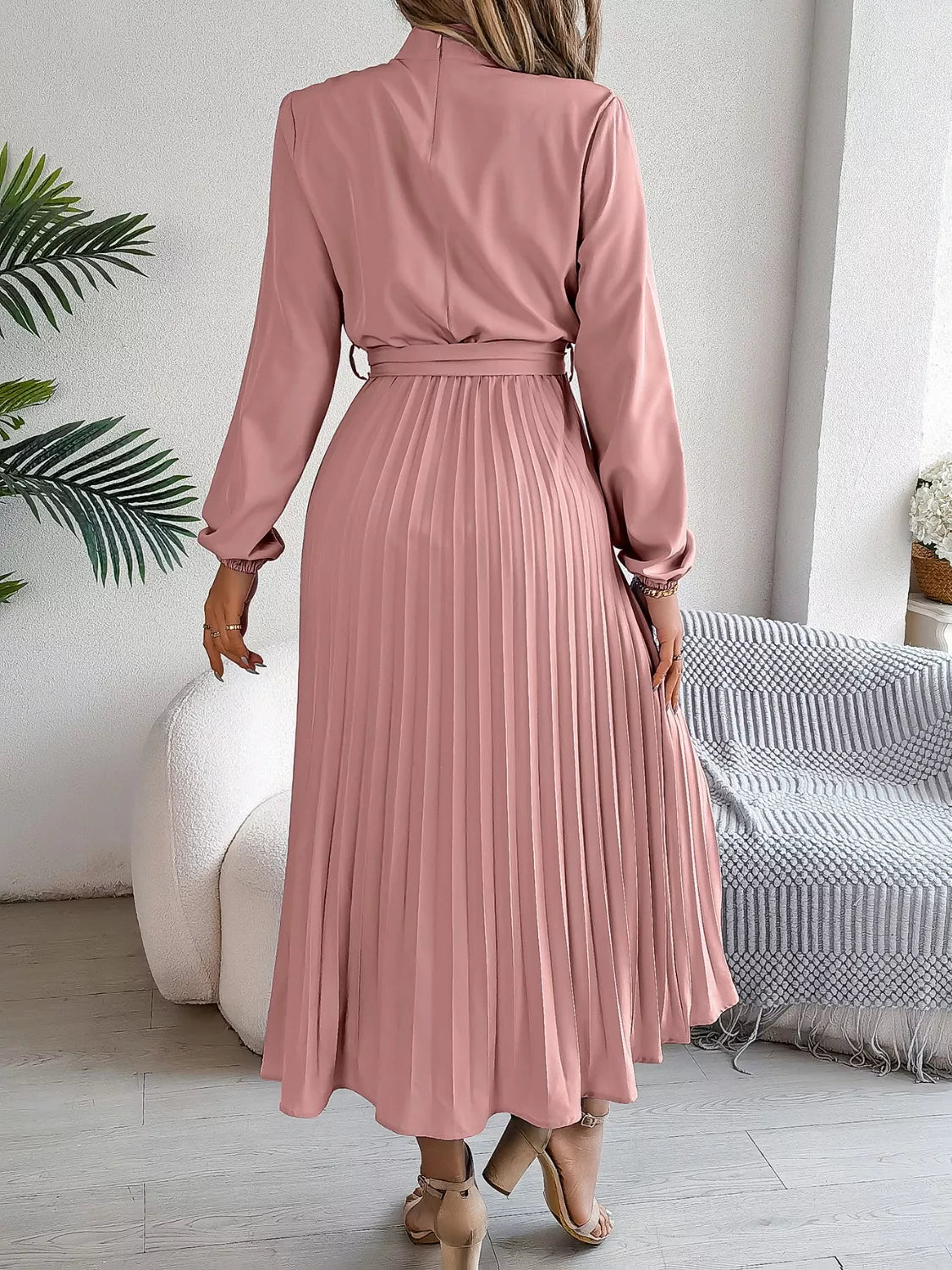 Mock Neck Pleated Midi Dress