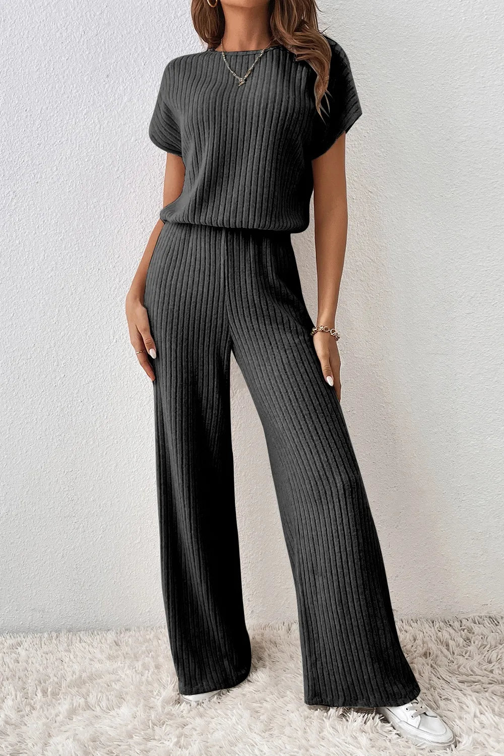Ribbed Short Sleeve Wide Leg Jumpsuit