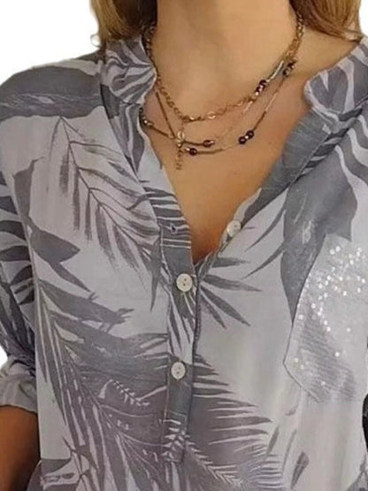 Full Size Printed Button Detail Long Sleeve Blouse Plus Size