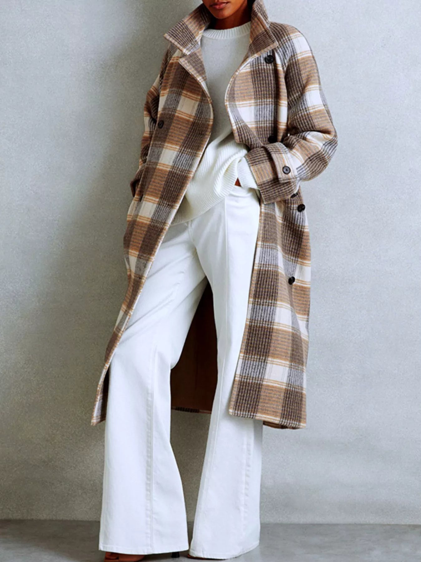 Plaid Tie Waist Double-Breasted Coat Tan