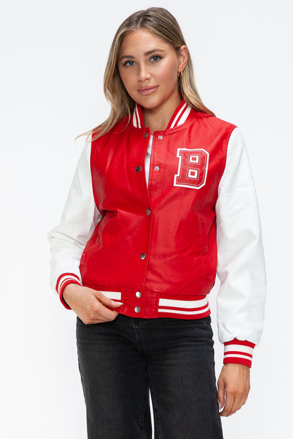 Love Me Now PU Leather Contrast Snap Down Bomber Jacket Red White