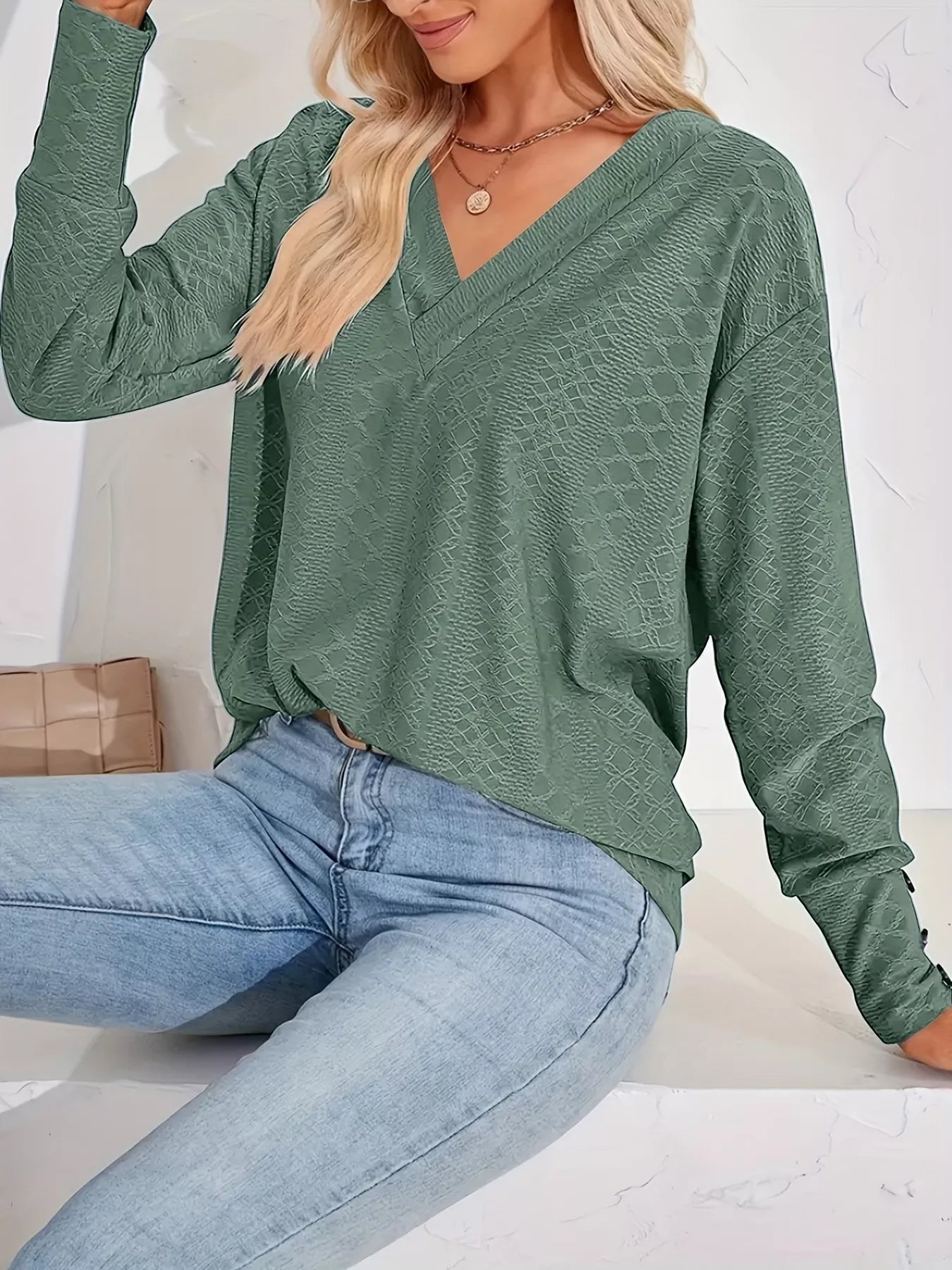 Plus Size V-Neck Textured Long Sleeve T-Shirt Army Green