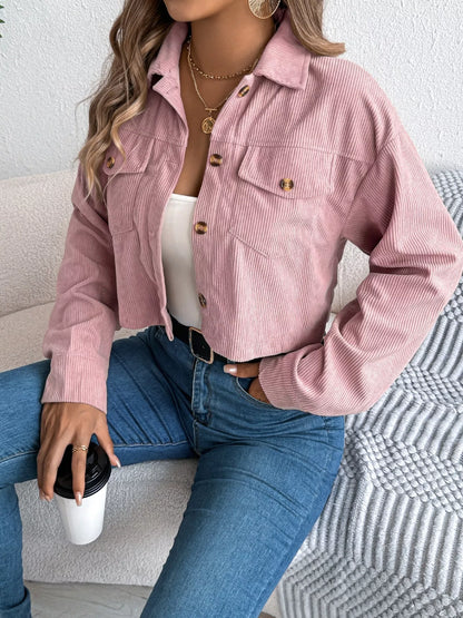 Corduroy Button-Up Dropped Shoulder Jacket Pink
