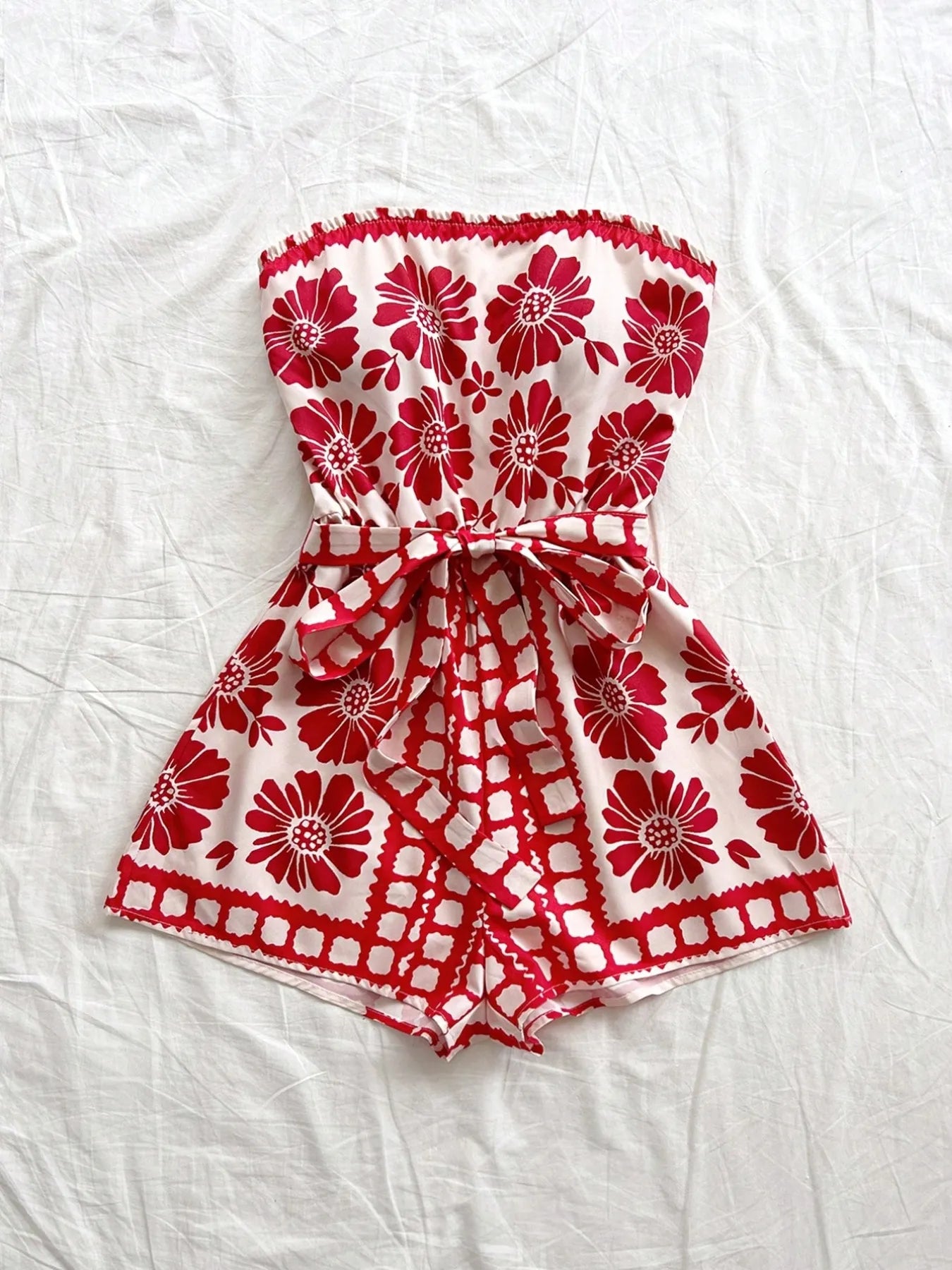 Printed Tube Tie Waist Romper