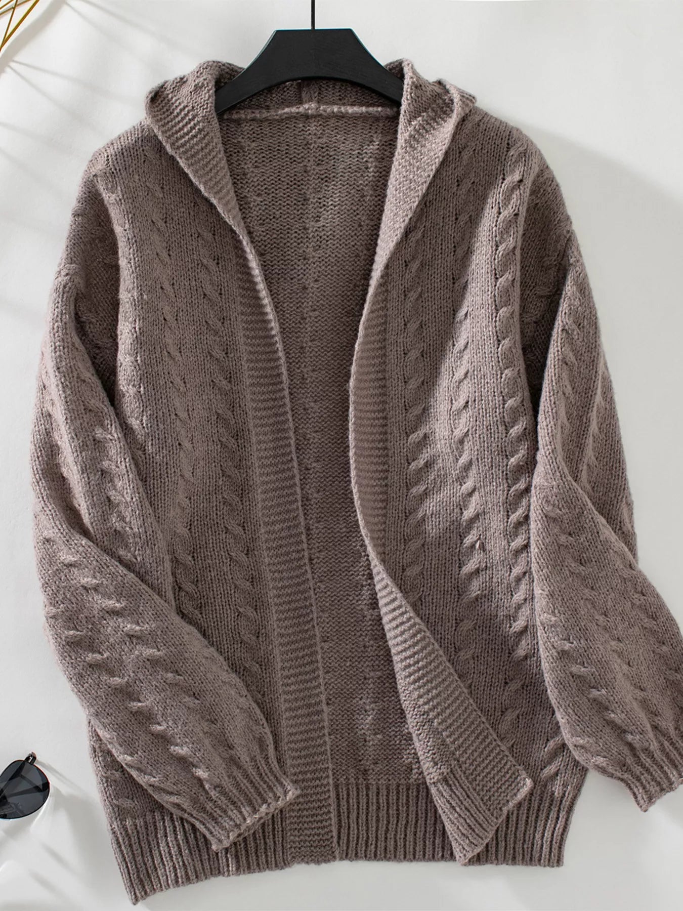 Cable Knit Open Front Hooded Cardigan Coffee Brown