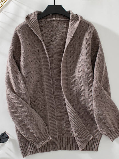 Cable Knit Open Front Hooded Cardigan Coffee Brown