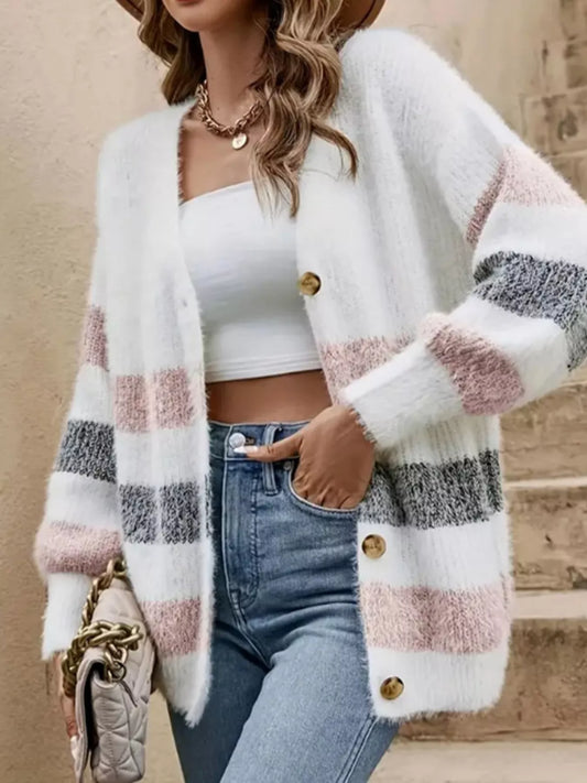 Striped Fuzzy Knit Button-Up Cardigan Pink