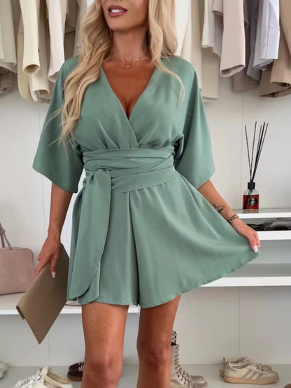 Full Size Surplice Tie Waist Romper Plus Size Green