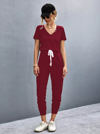 Casual V-Neck Short Sleeve Drawstring Waist Jumpsuit