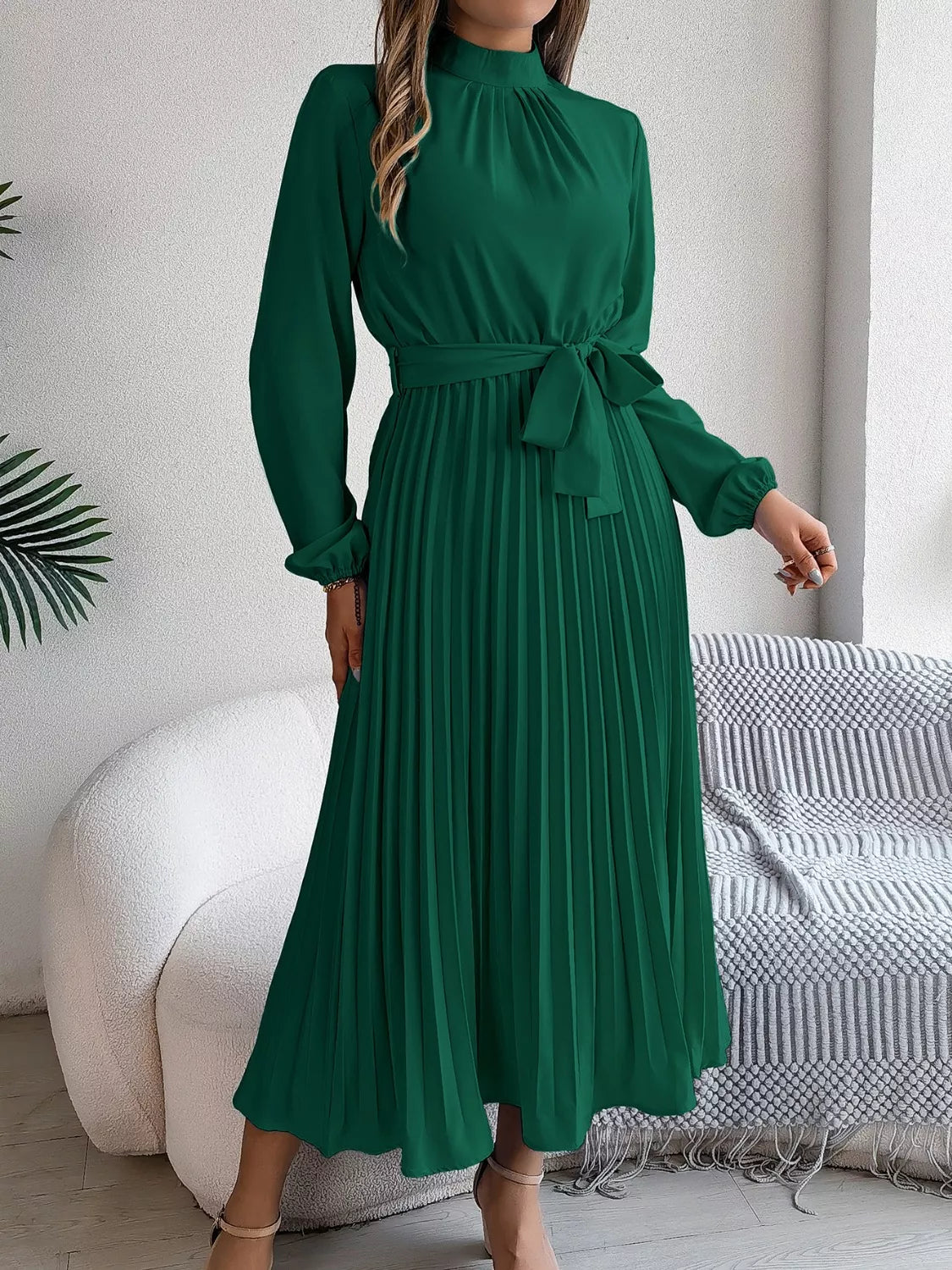 Mock Neck Pleated Midi Dress Dark Green