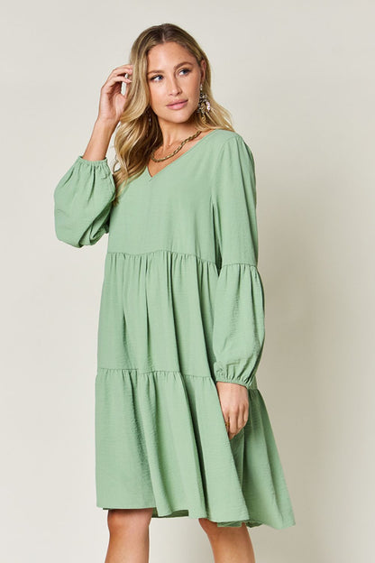 V-Neck Balloon Sleeve Tiered Boho Midi Dress