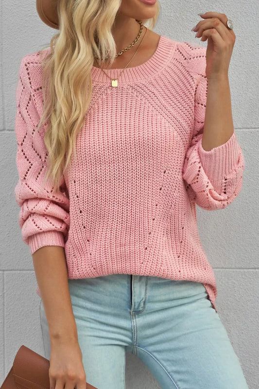 Hollow-Out Puffy Sleeve Knit Sweater Dusty Pink