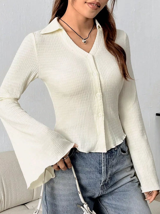 Button Up Flare Sleeve Shirt Apricot