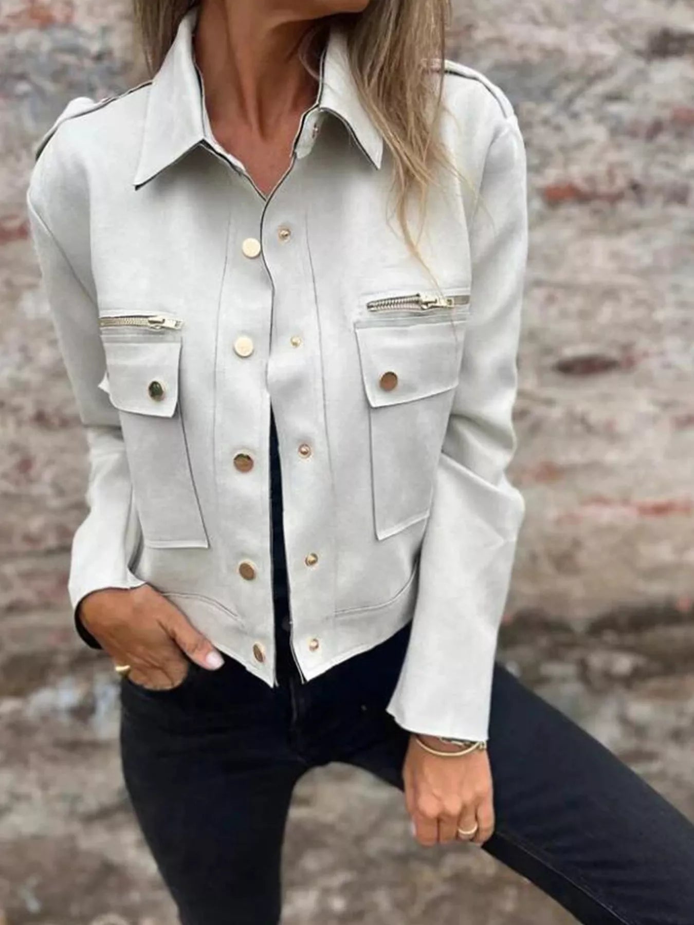 Full Size Snap Down Long Sleeve Jacket Plus Size White