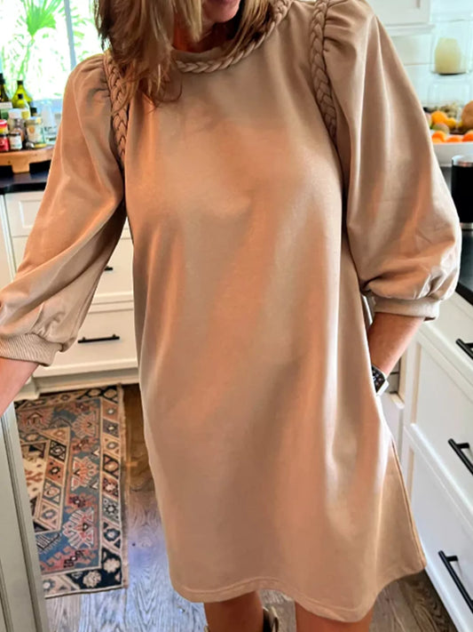 Braided Trim Puff Sleeve Dress Khaki