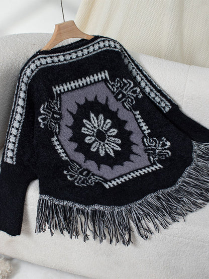 Fringe Geometric Long Sleeve Poncho Black One Size