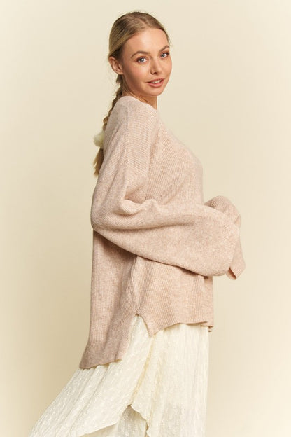 Back To School Sweater - Davi & Dani High-Low Round Neck Drop Shoulder Sweater