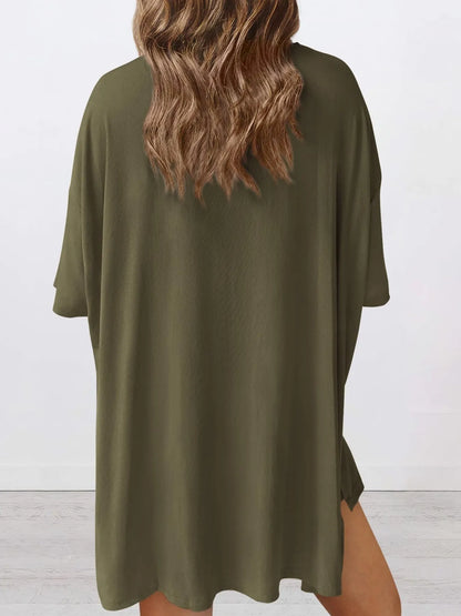Full Size Oversized Slit Round Neck Top and Shorts Lounge Set Plus Size