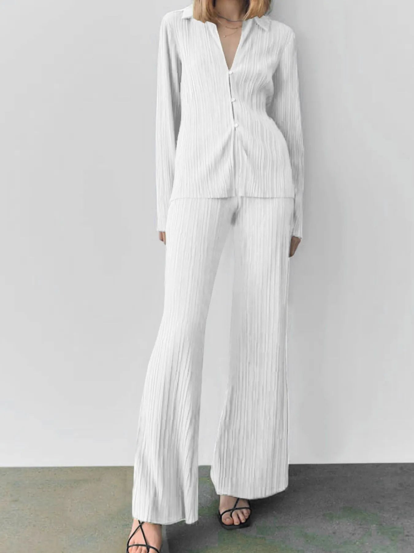 Texture Long Sleeve Top and Pants Lounge Set White