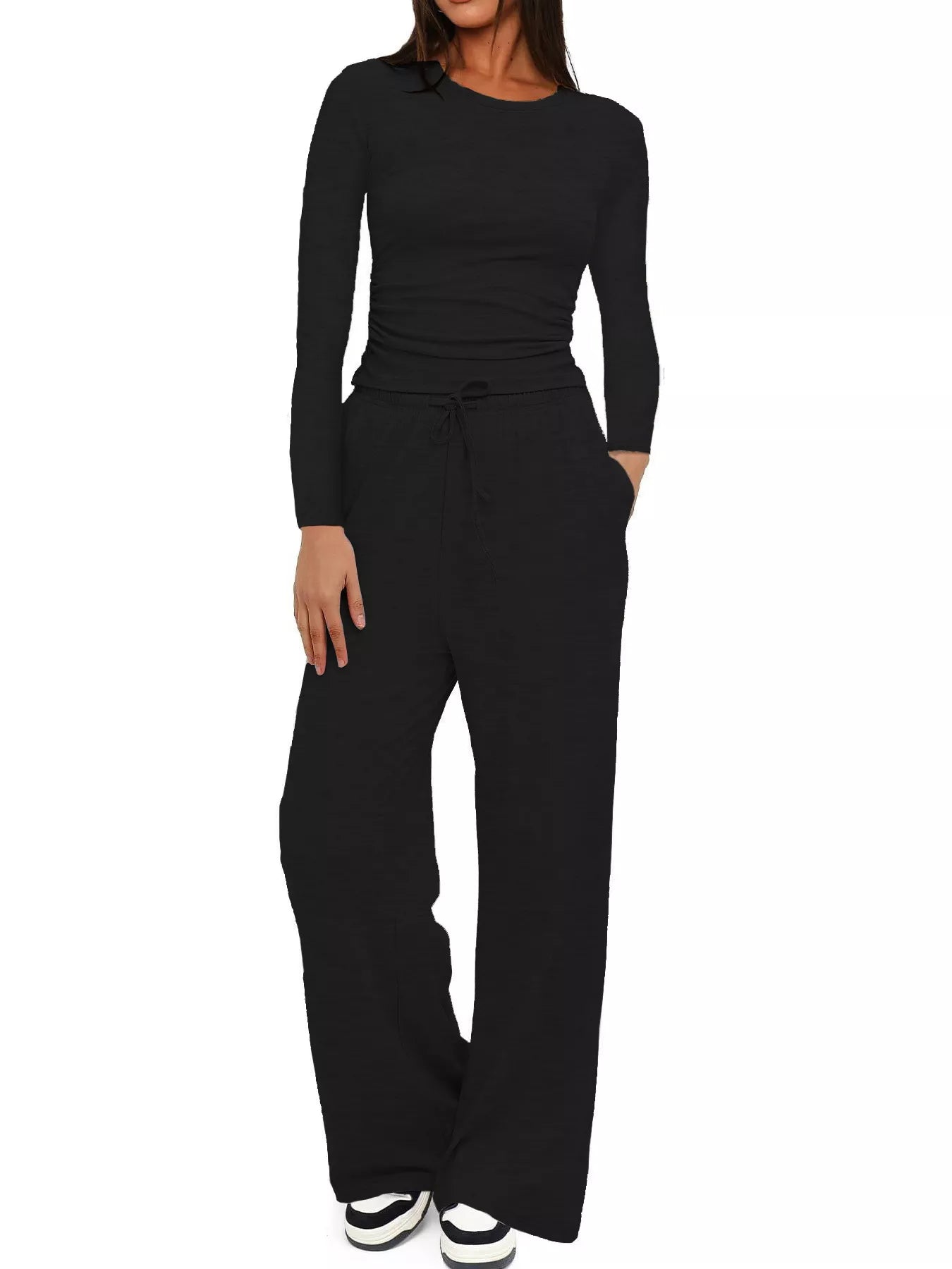 Full Size Casual Long Sleeve Top and Pants Set Plus Size Black