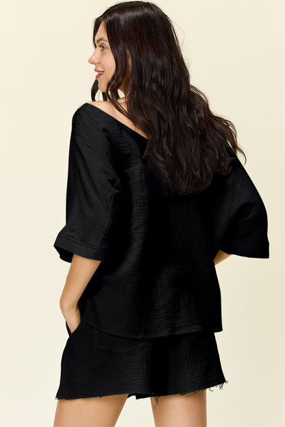 Textured Cotton T-Shirt and Drawstring Shorts Set