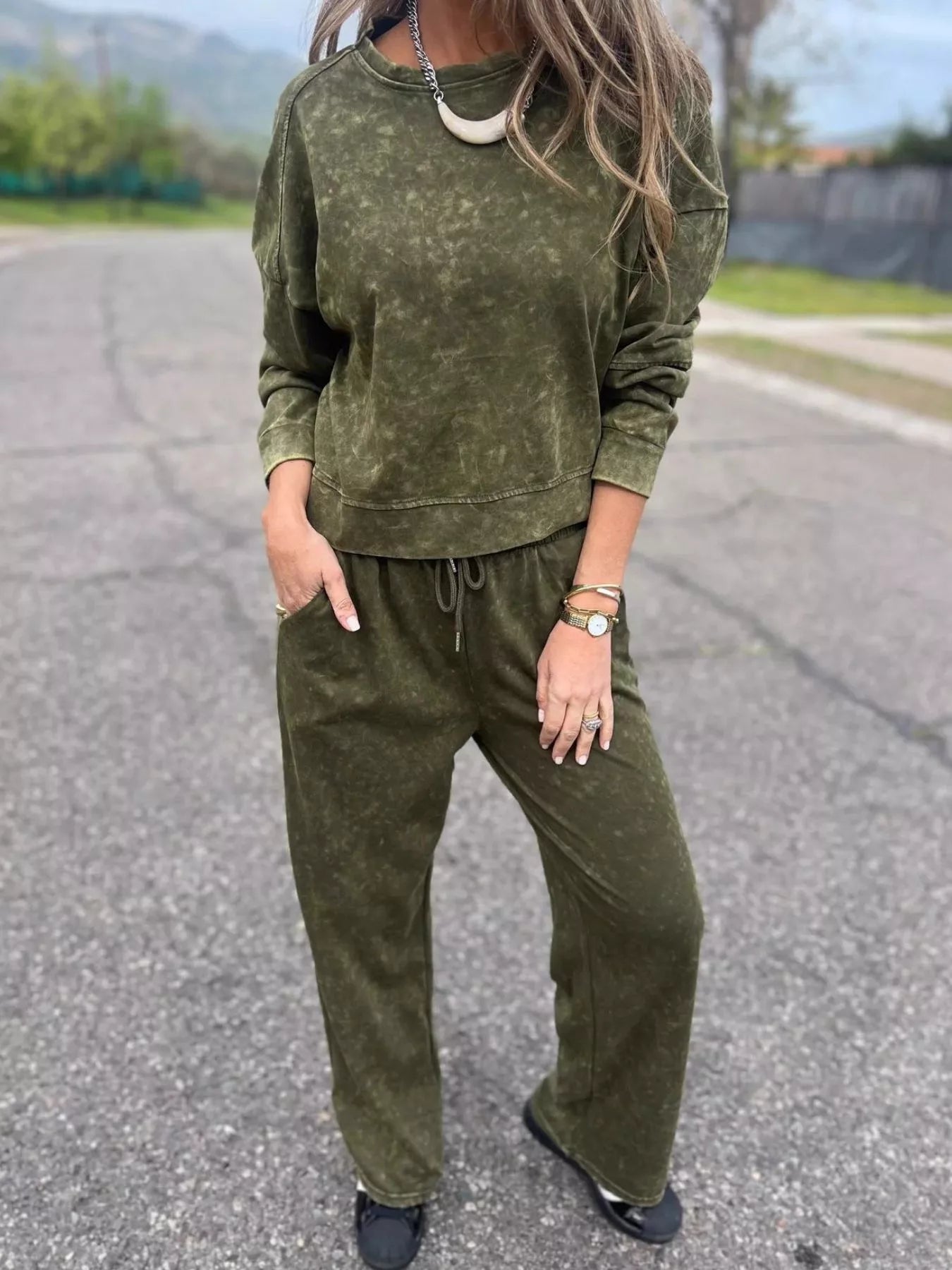 Full Size Washed Round Neck Top and Drawstring Pants Set Plus Size