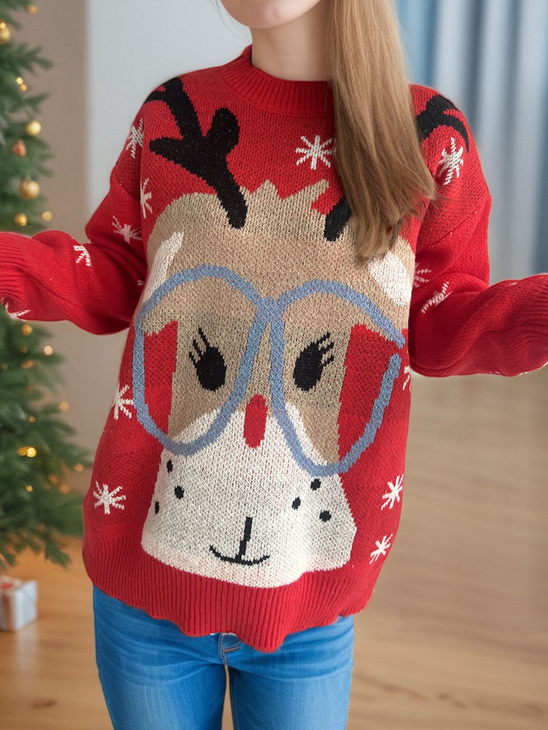 Reindeer Round Neck Dropped Shoulder Sweater Scarlet One Size