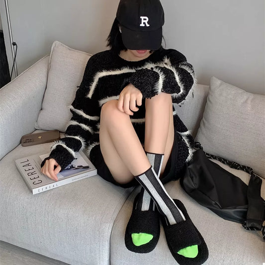 Contrast Striped Crew Socks Black One Size