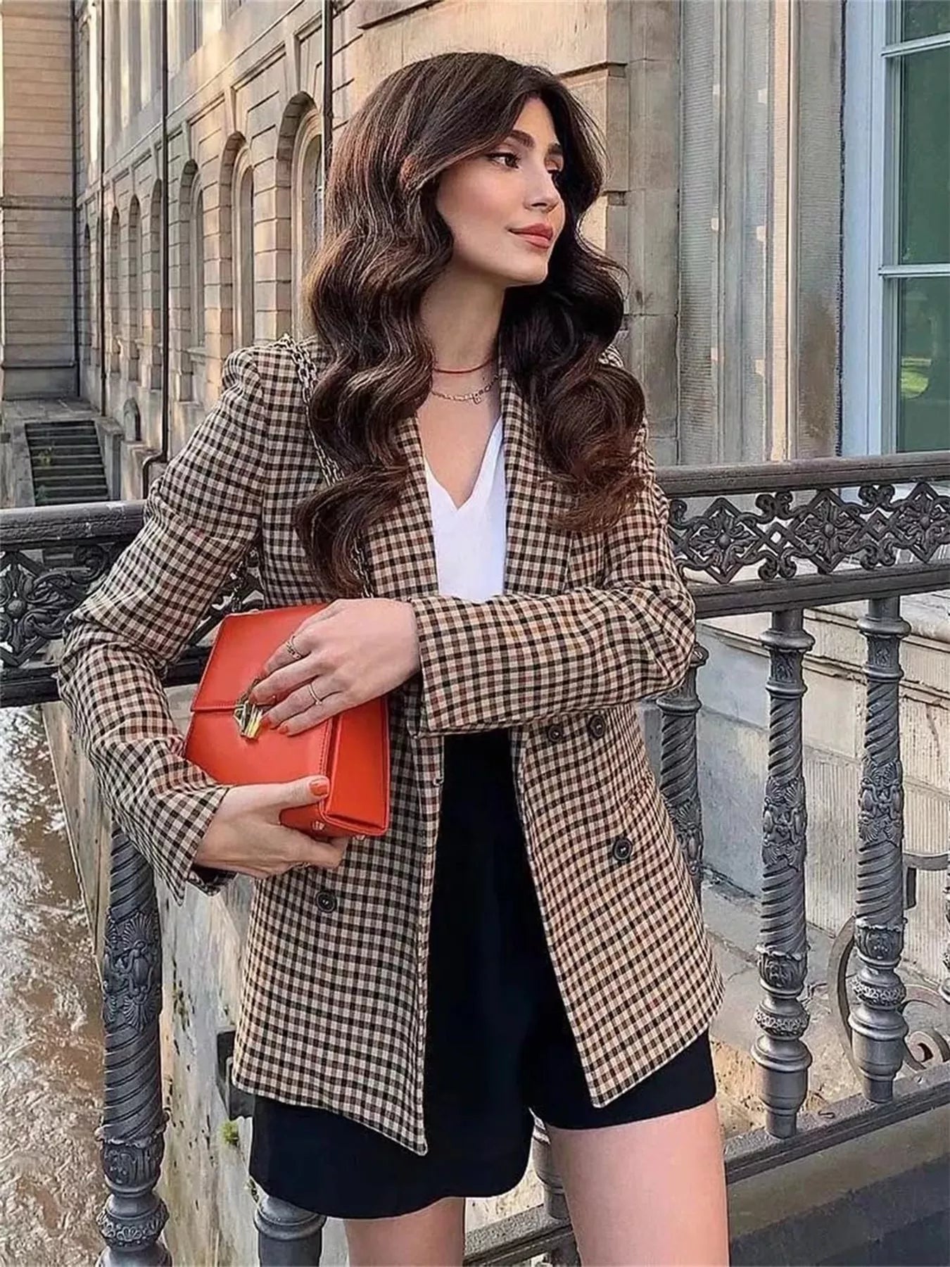 Plaid Lapel Collar Long Sleeve Blazer Khaki