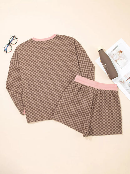 Checkerboard Long Sleeve Pullover and Shorts Set