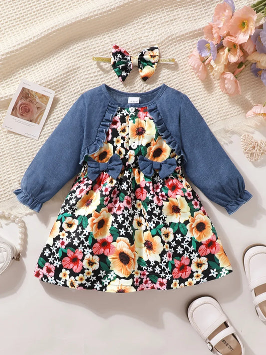 Children's Ruffled Bow Contrast Floral Dress with Headband Floral