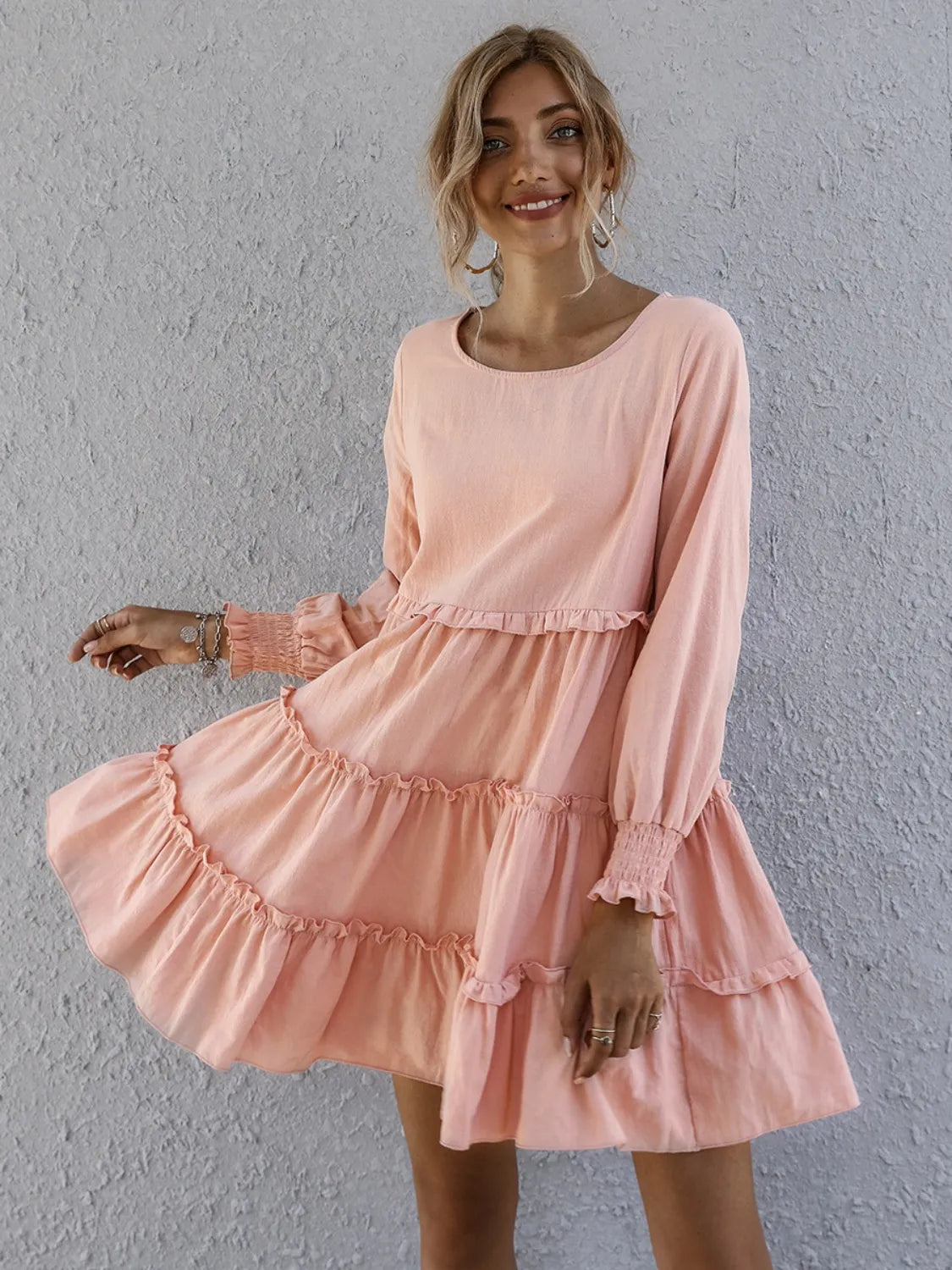 Frill Tiered Long Sleeve Mini Dress Watermelon pink