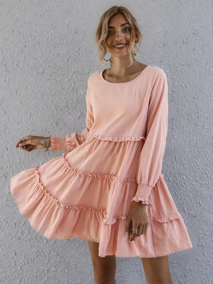 Frill Tiered Long Sleeve Mini Dress Watermelon pink