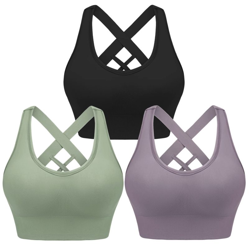 Women's Four Season Solid Nylon Sports Bra - Cross Strap Design Black+purple+green