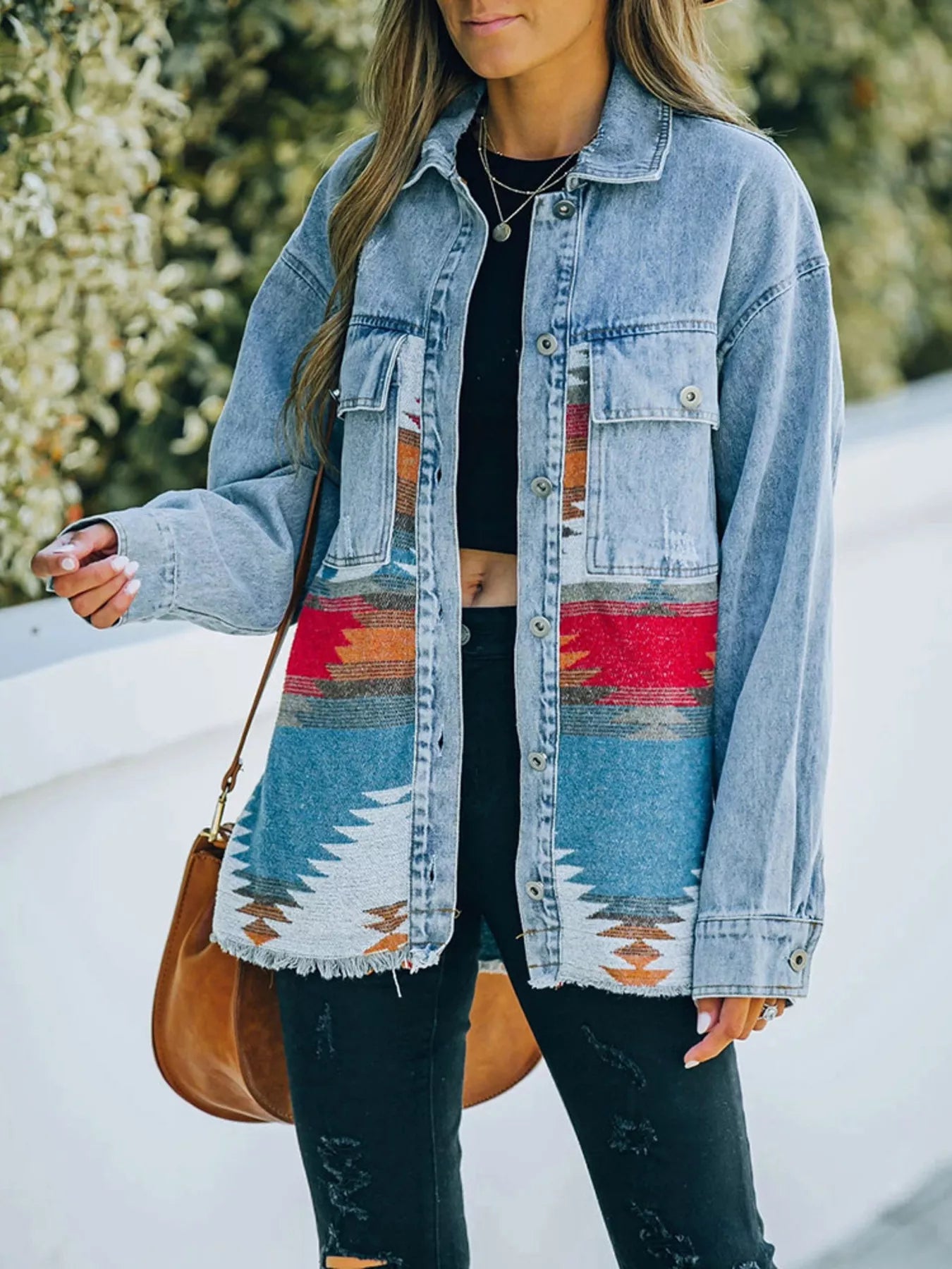 Printed Botton Down Long Sleeve Denim Jacket Orange