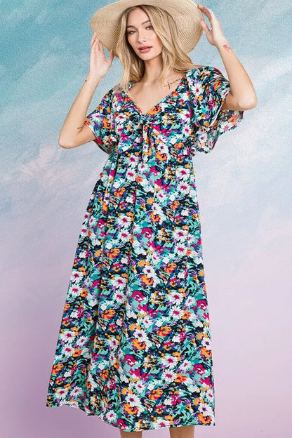 Lime 'N' Chili Floral Print Sweetheart Neck Tie Front Midi Dress