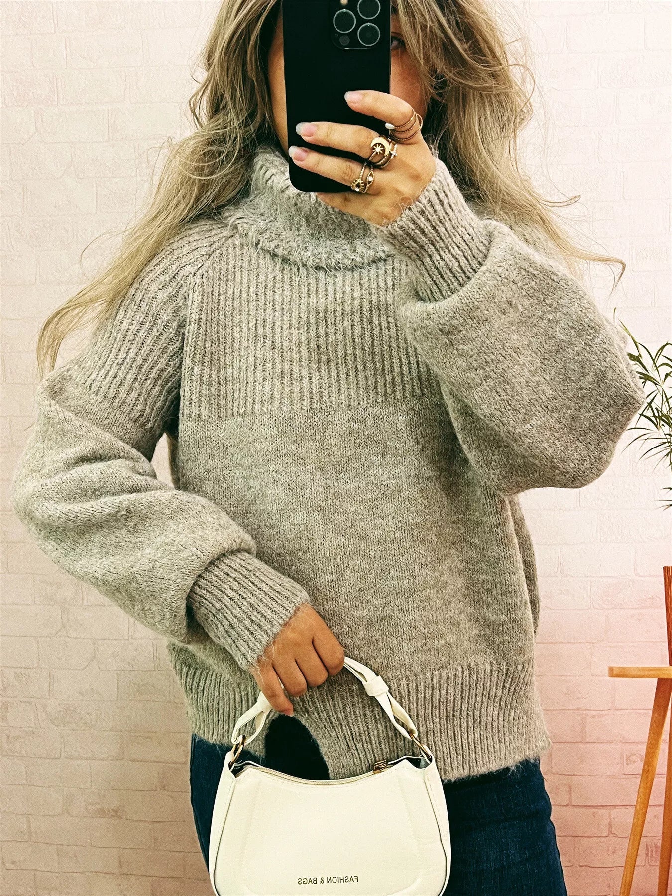 Ribbed Turtleneck Long Sleeve Sweater Khaki One Size