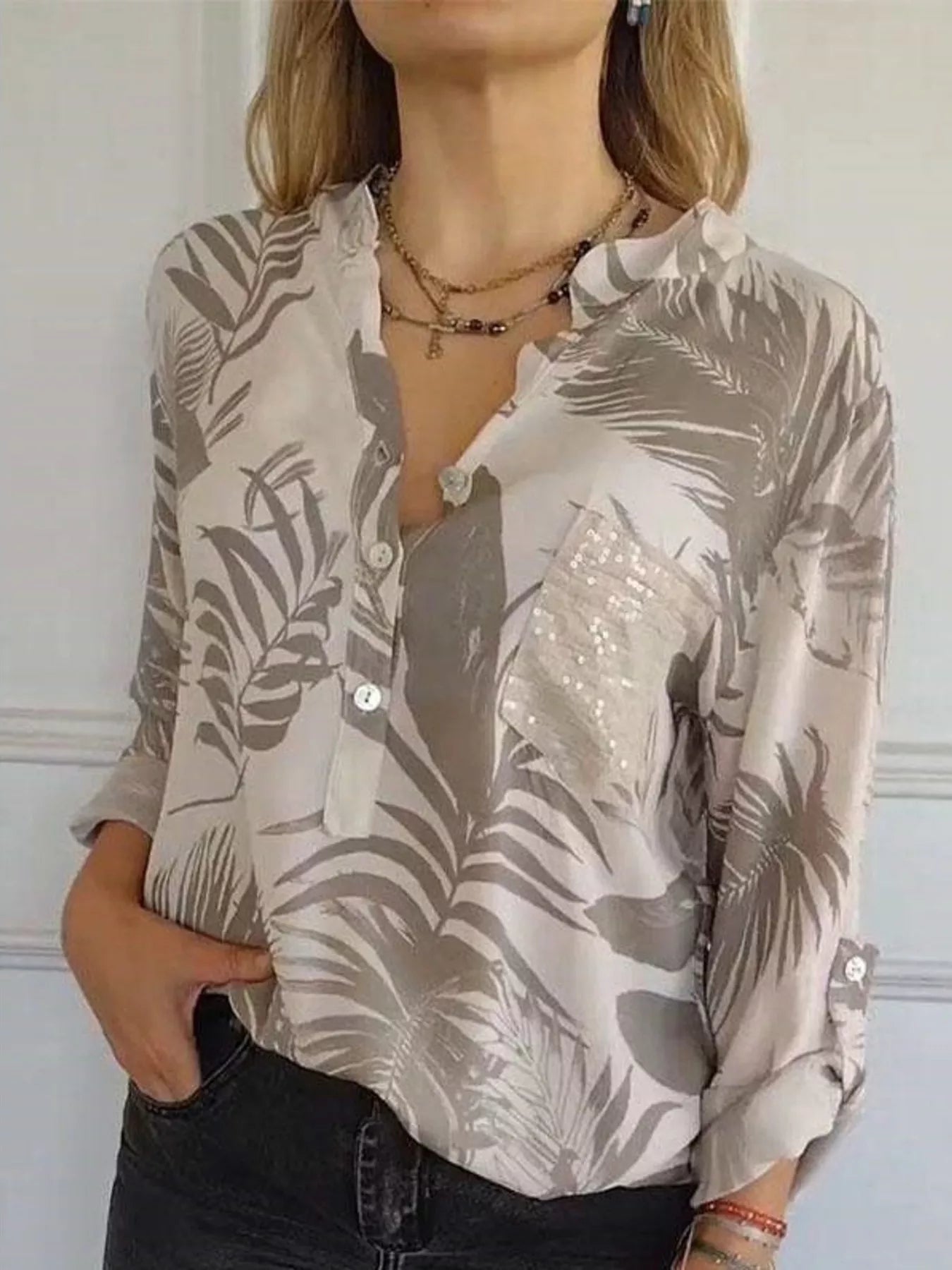 Full Size Printed Button Detail Long Sleeve Blouse Plus Size Light Brown