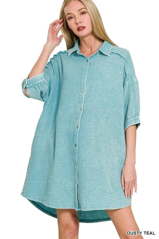 Zenana Washed Double Gauze Button Down Shirt Dress