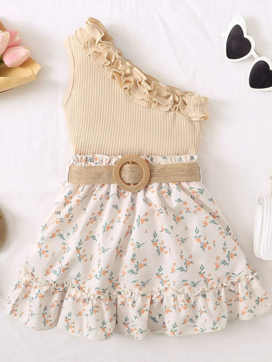 Single Shoulder Top and Printed Skirt Set Tan