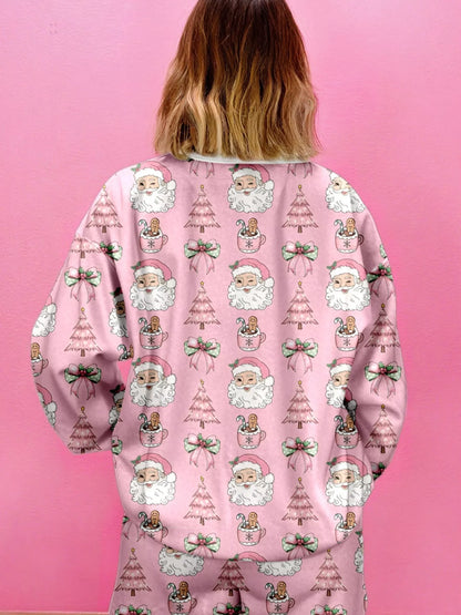 Christmas Santa Print Round Neck Top and Shorts Lounge Set