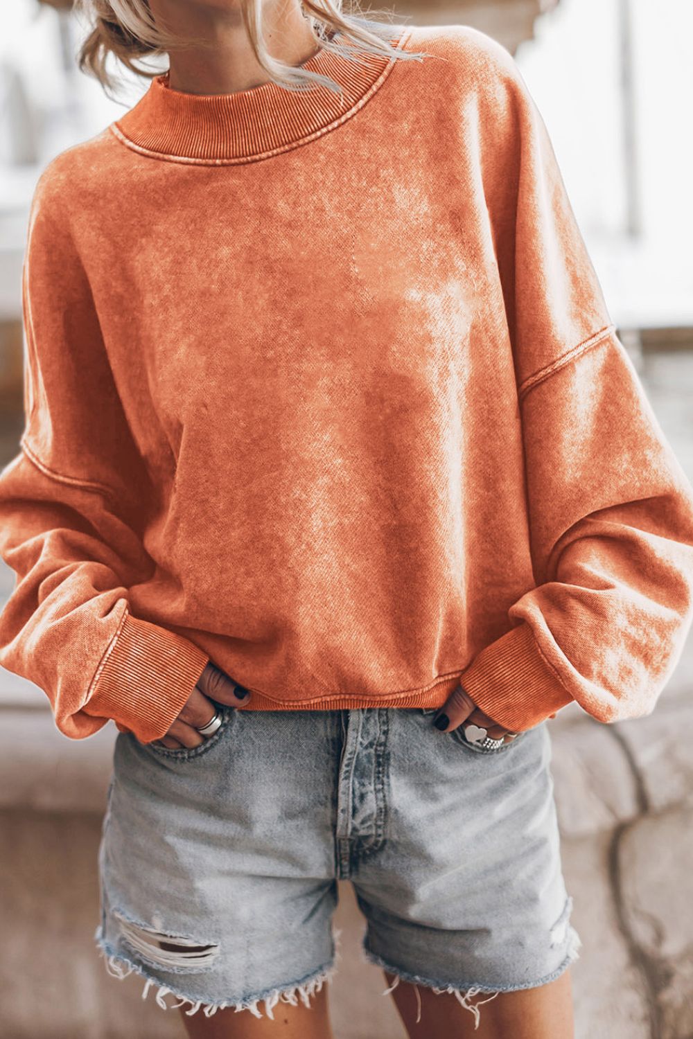 Mock Neck Dropped Shoulder Sweatshirt Sherbet