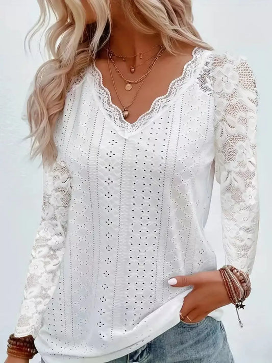 Eyelet Lace Sleeve V-Neck Blouse Gray white