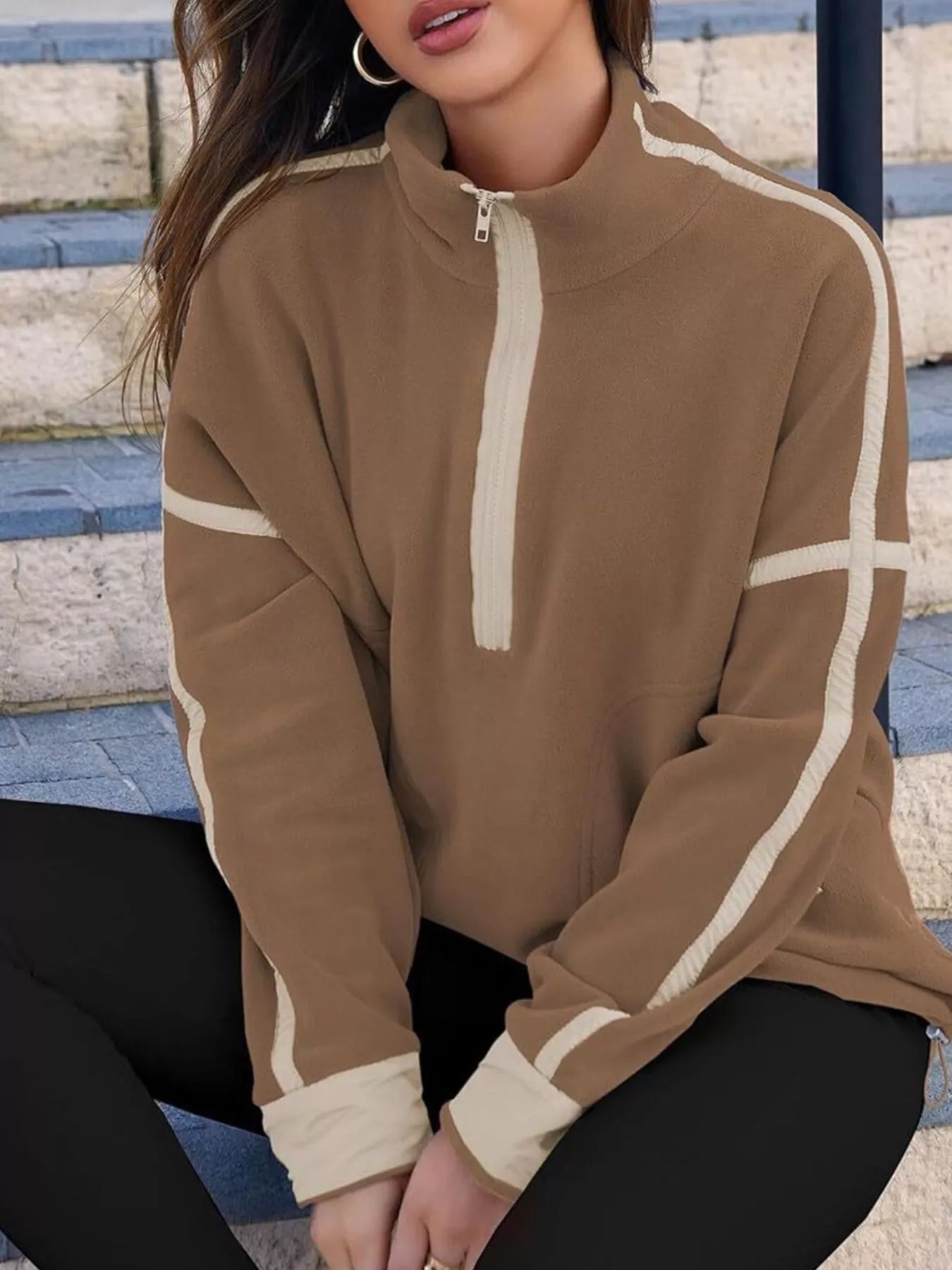 Half Zip Dropped Shoulder Sweatshirt Brown
