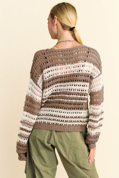 Back To School Sweater - Davi & Dani Contrast Striped Crochet Drop Shoulder Knit Cover Up