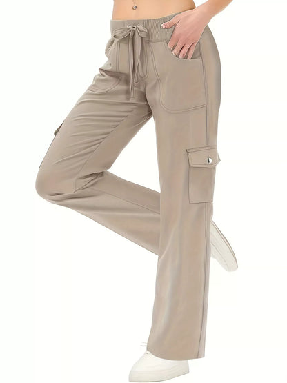 Relaxed Fit Active Pants with Drawstring Waist Tan